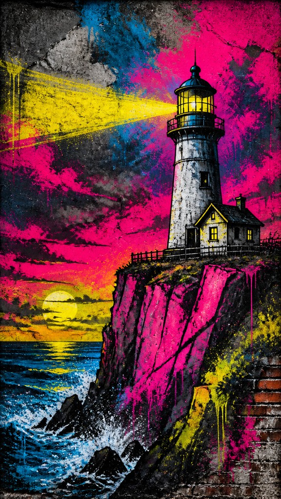 a lone lighthouse on a cliff at dusk under a dramatic sky, no text or lettering