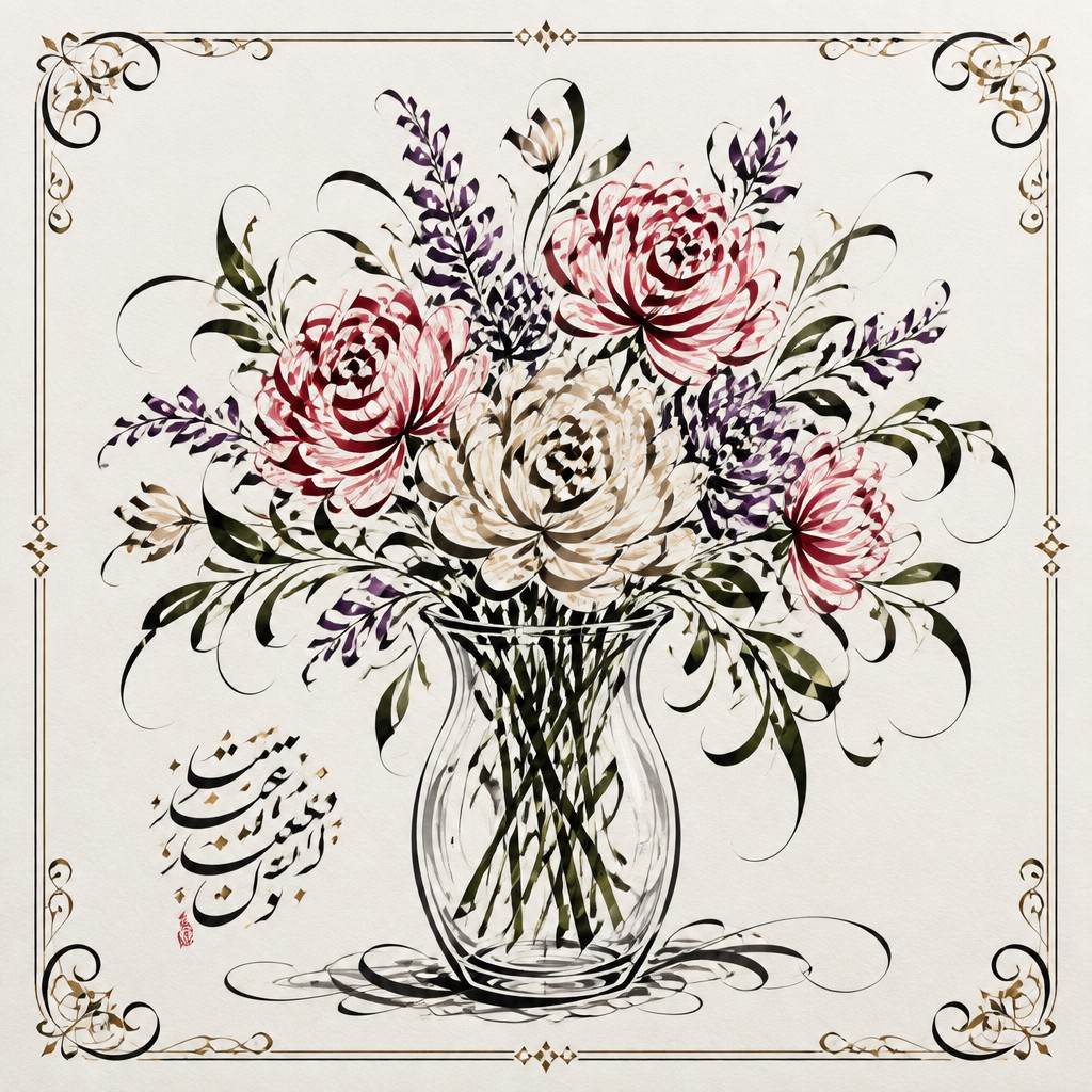 bouquet of flowers in a glass vase — Calligraphy Art Style