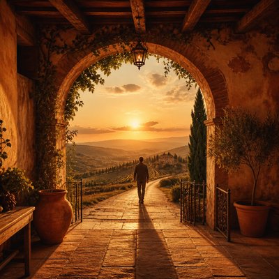 a solitary figure walking toward a glowing horizon across an empty plain, moody atmosphere, no text or lettering