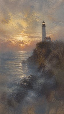 a lone lighthouse on a cliff at dusk under a dramatic sky, no text or lettering
