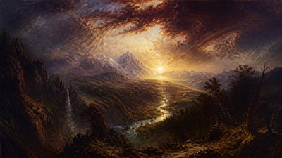 a vast valley with a river winding toward distant mountains at sunrise, no people, no text