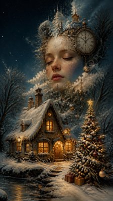 a snow-covered cottage with warm glowing windows beside a decorated pine tree, gentle snowfall, no text