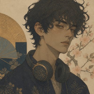 head-and-shoulders portrait of an original character: a young man with curly dark hair and headphones around his neck, plain backdrop, no text