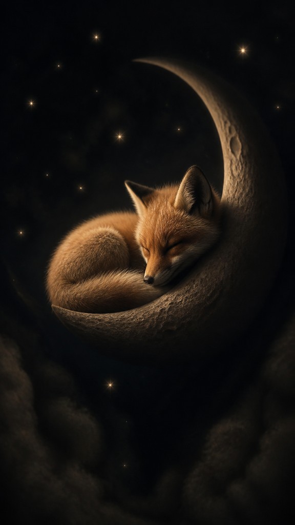 a sleeping baby fox curled on a crescent moon among soft stars, gentle and warm, no text