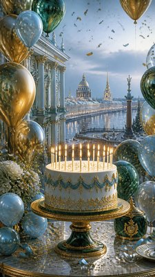 a birthday cake with lit candles surrounded by balloons and confetti, festive vertical composition, no text