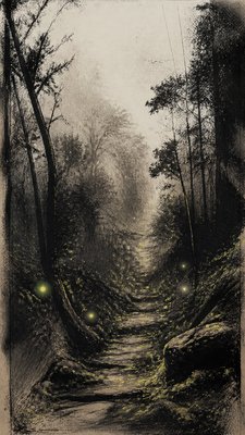 a mysterious forest path with fireflies and drifting mist, atmospheric vertical composition with open space at the top, no text