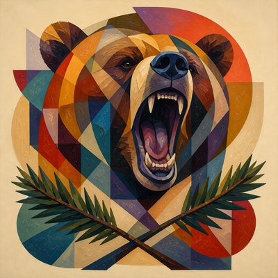a roaring bear head above crossed pine branches, bold graphic composition on a plain background, no text