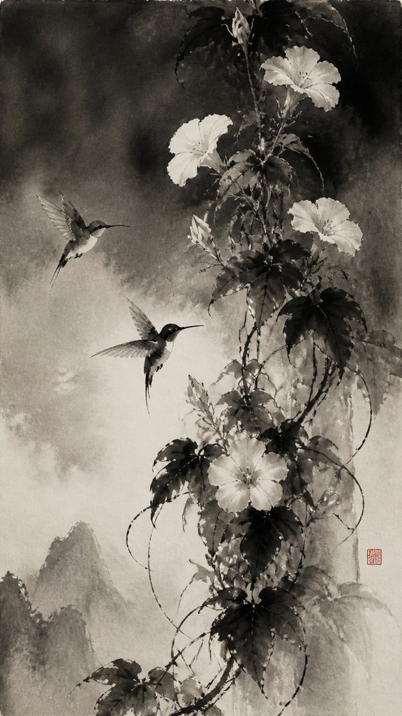 a climbing vine of flowers and hummingbirds on a dark background, tall wrapping composition, no text