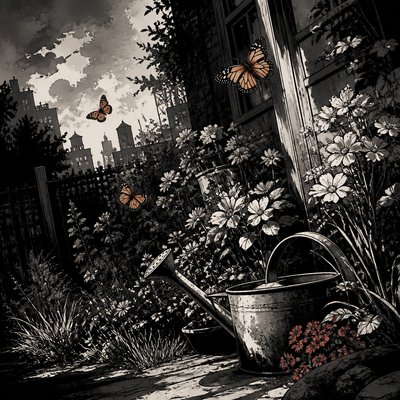 a garden scene with butterflies, flowers and a watering can, clean uncolored line art, no text