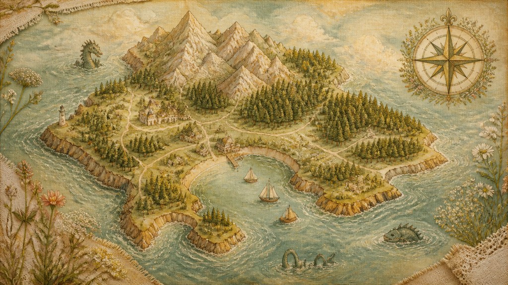 a map of an island realm with mountains, forests, a sheltered bay, sea monsters in the water and a compass rose, no text labels