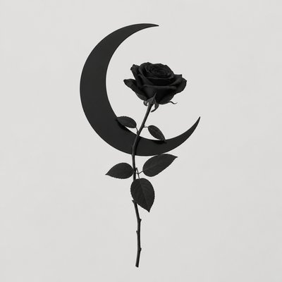 a rose entwined with a crescent moon, clean balanced composition on a plain background, no text