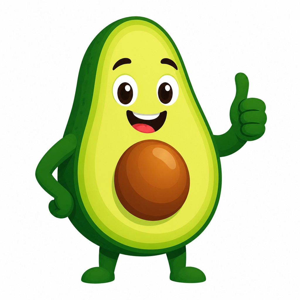 a happy avocado character giving a thumbs up, bold readable design on a plain background, no text