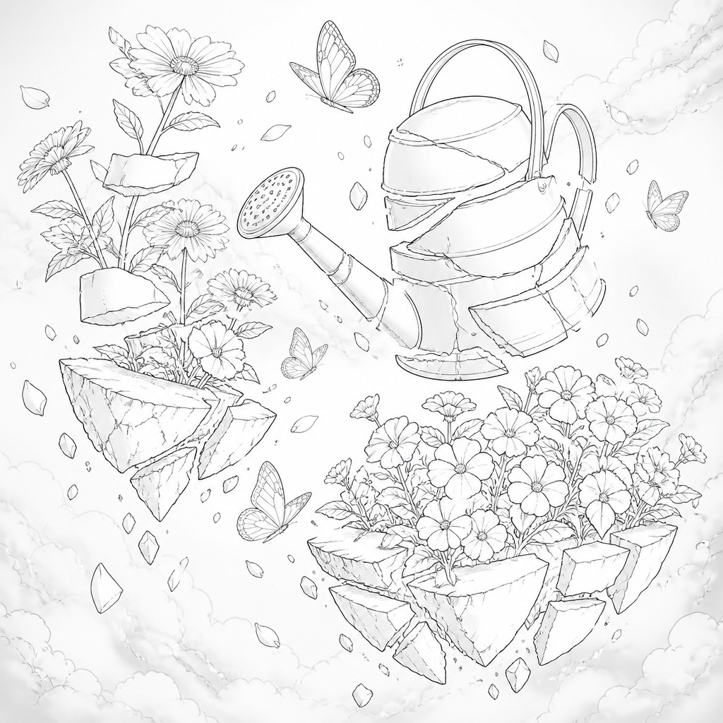 a garden scene with butterflies, flowers and a watering can, clean uncolored line art, no text