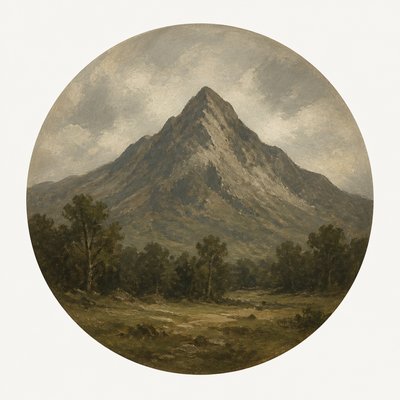 an emblem of a mountain peak inside a circle, simple bold shapes on a plain background, no text or lettering