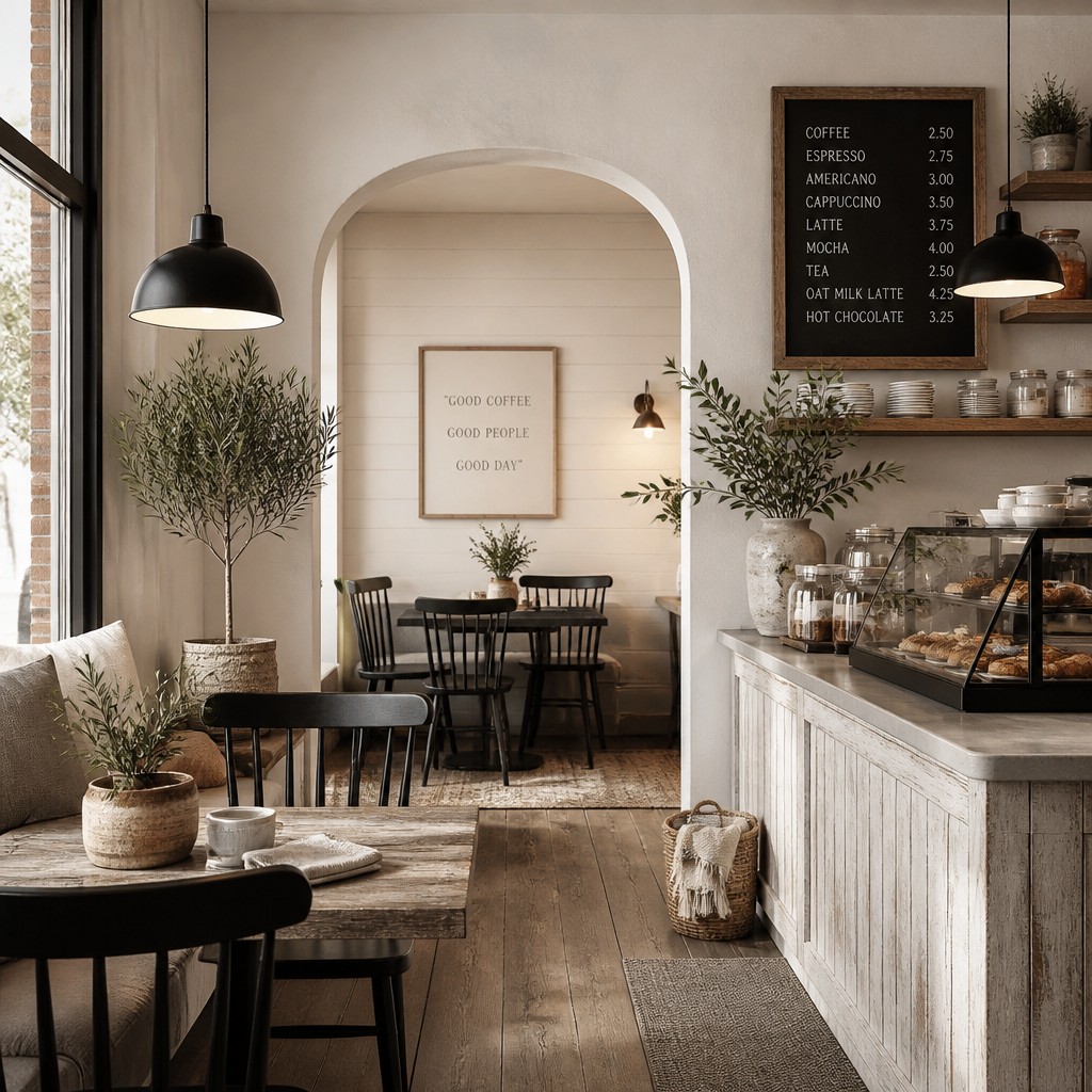cozy cafe interior with warm lighting