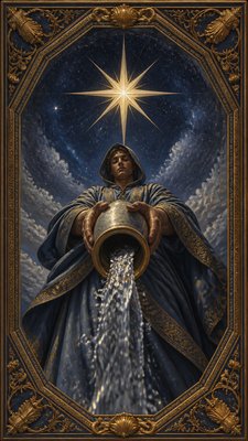 a robed figure pouring water beneath a large eight-pointed star in a night sky, symmetrical composition with an ornate decorative border, no text
