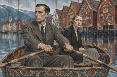 a painting of a man and a woman in a boat
