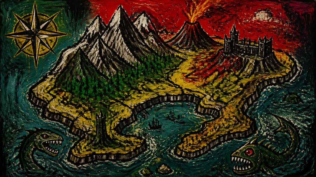 a map of an island realm with mountains, forests, a sheltered bay, sea monsters in the water and a compass rose, no text labels