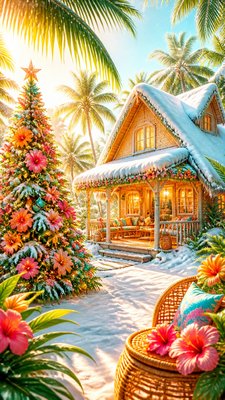 a snow-covered cottage with warm glowing windows beside a decorated pine tree, gentle snowfall, no text
