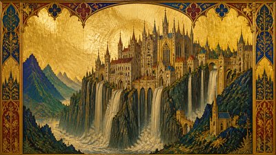 a cliffside city with waterfalls cascading into a misty canyon, wide establishing shot, no people, no text