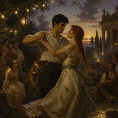 an original couple dancing under string lights in a garden at dusk: a man with short black hair in a linen shirt and a woman with braided red hair in a summer dress
