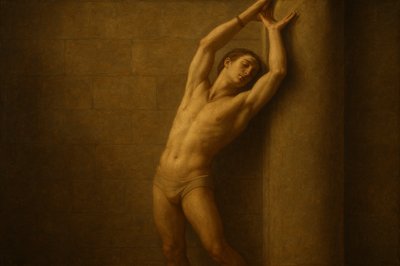 a painting of a naked man leaning against a wall