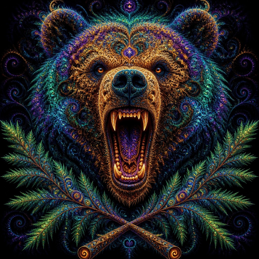 a roaring bear head above crossed pine branches, bold graphic composition on a plain background, no text