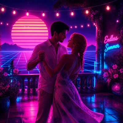 an original couple dancing under string lights in a garden at dusk: a man with short black hair in a linen shirt and a woman with braided red hair in a summer dress