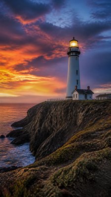 a lone lighthouse on a cliff at dusk under a dramatic sky, no text or lettering