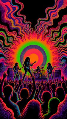a live music scene with a glowing stage and silhouetted crowd, energetic vertical composition with open space at the top, no text