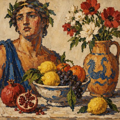 still life arrangement of fruits and flowers