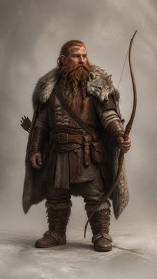 full-body original character: a dwarven ranger with a braided auburn beard, worn leather armor, a longbow and a wolf-pelt cloak, neutral background, no text