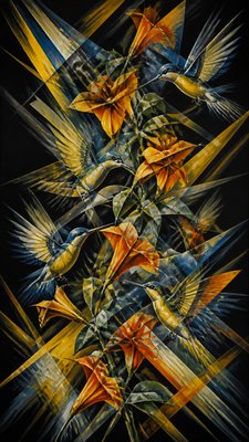 a climbing vine of flowers and hummingbirds on a dark background, tall wrapping composition, no text