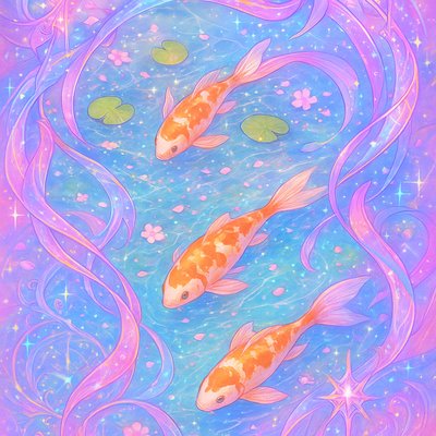 A koi pond seen from above, orange and white koi fish swimming among lily pads, clear water with subtle ripples, fallen cherry blossom petals floating on the surface, dappled sunlight