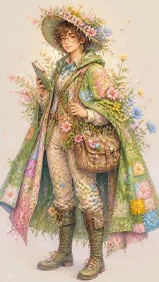 full-body original character: a wandering botanist with a satchel of plants, a patched green cloak, tall boots and round glasses, neutral background