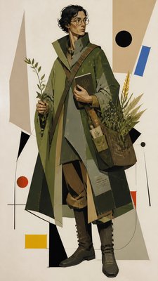 full-body original character: a wandering botanist with a satchel of plants, a patched green cloak, tall boots and round glasses, neutral background