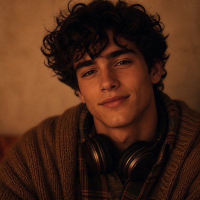 head-and-shoulders portrait of an original character: a young man with curly dark hair and headphones around his neck, plain backdrop, no text