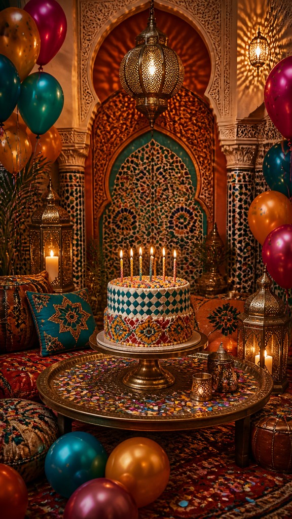 a birthday cake with lit candles surrounded by balloons and confetti, festive vertical composition, no text