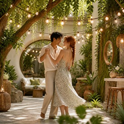 an original couple dancing under string lights in a garden at dusk: a man with short black hair in a linen shirt and a woman with braided red hair in a summer dress