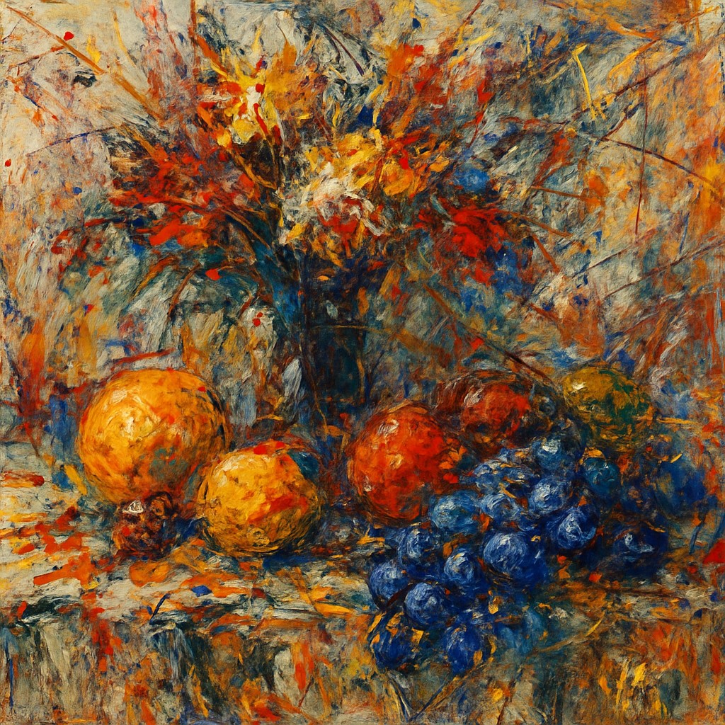 still life arrangement of fruits and flowers