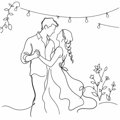 an original couple dancing under string lights in a garden at dusk: a man with short black hair in a linen shirt and a woman with braided red hair in a summer dress