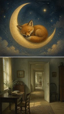 a sleeping baby fox curled on a crescent moon among soft stars, gentle and warm, no text