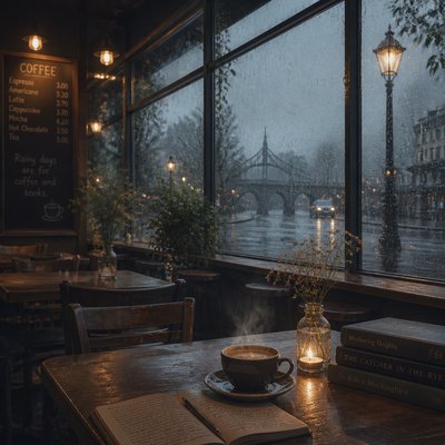 cozy cafe interior with warm lighting