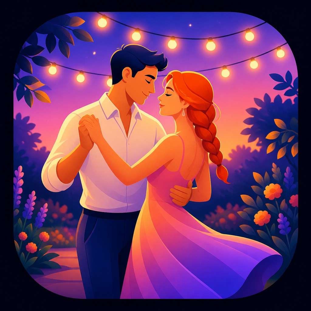 an original couple dancing under string lights in a garden at dusk: a man with short black hair in a linen shirt and a woman with braided red hair in a summer dress