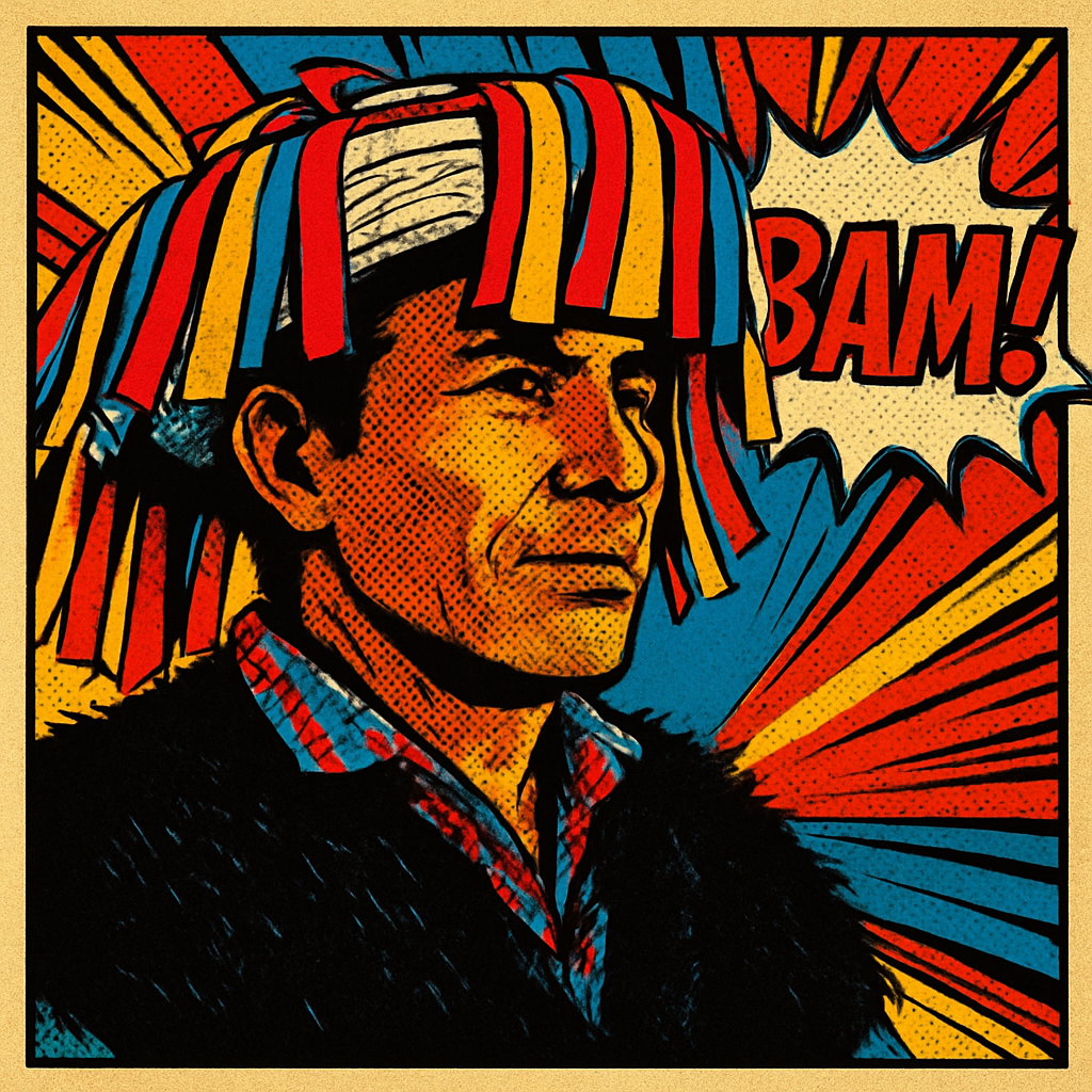 a painting of a man wearing a colorful hat