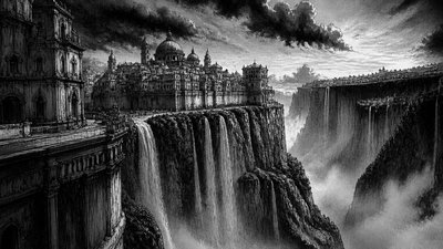 a cliffside city with waterfalls cascading into a misty canyon, wide establishing shot, no people, no text