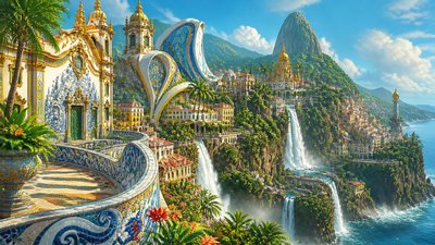 a cliffside city with waterfalls cascading into a misty canyon, wide establishing shot, no people, no text