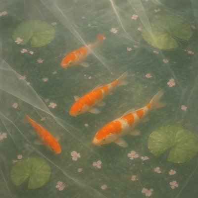 A koi pond seen from above, orange and white koi fish swimming among lily pads, clear water with subtle ripples, fallen cherry blossom petals floating on the surface, dappled sunlight