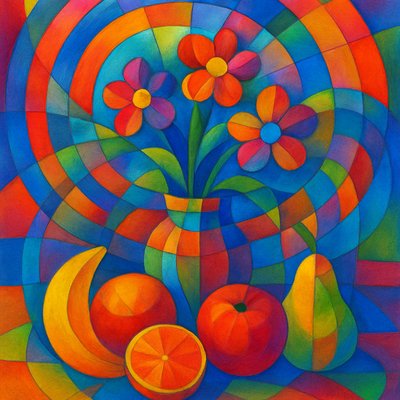 still life arrangement of fruits and flowers