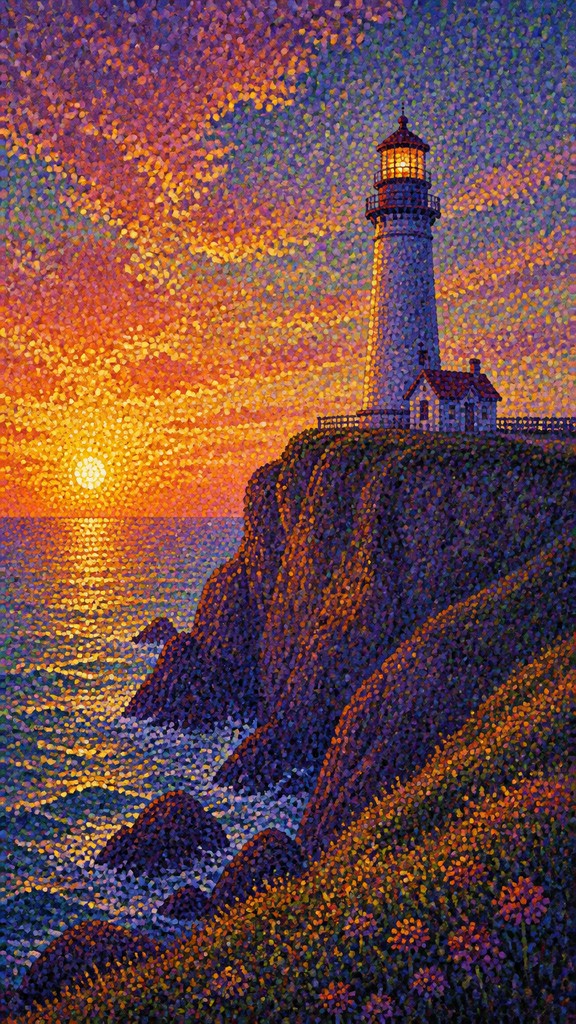 a lone lighthouse on a cliff at dusk under a dramatic sky, no text or lettering